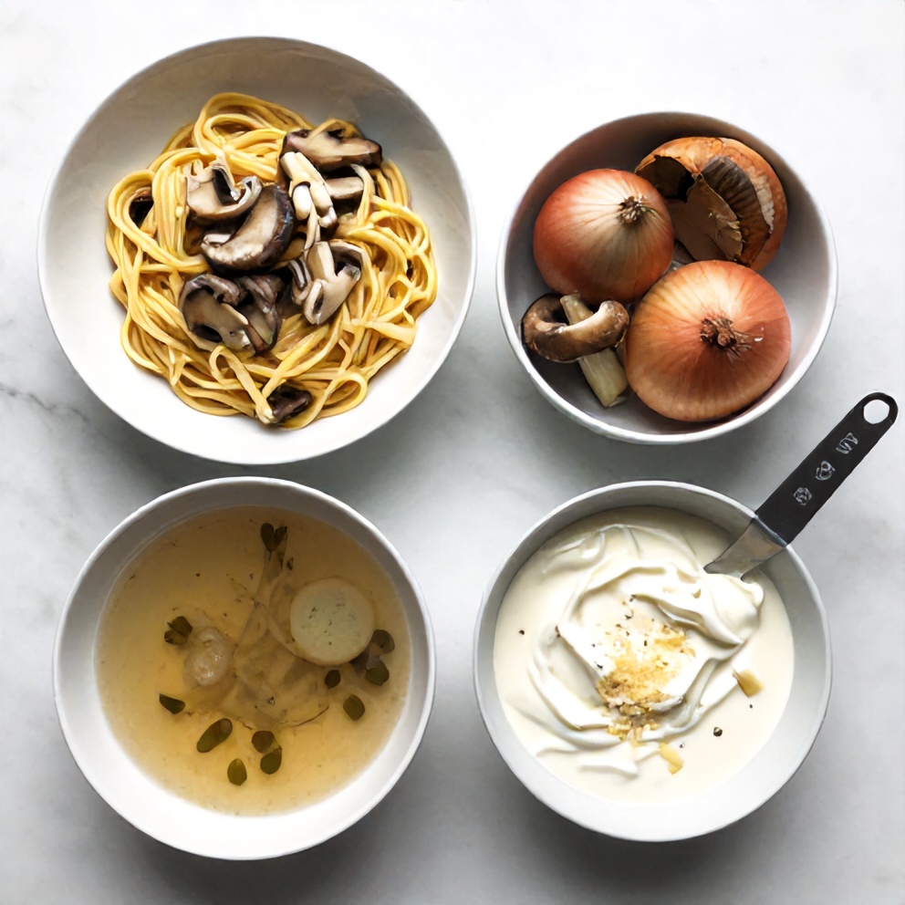 Raw ingredients for Creamy Mushroom Pasta Soup