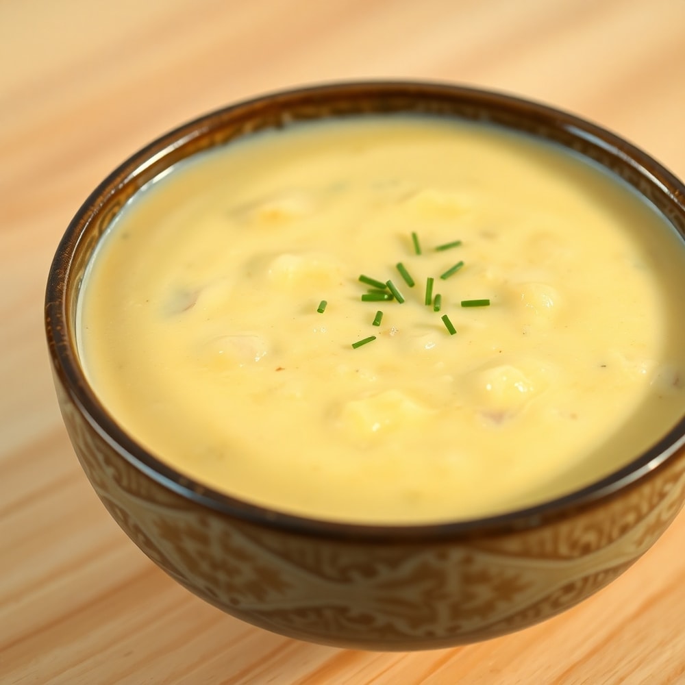 Bowl of creamy potato soup with a sprinkle of chives