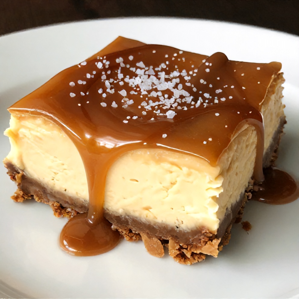 Plated Salted Caramel Cheesecake Bar on a white plate