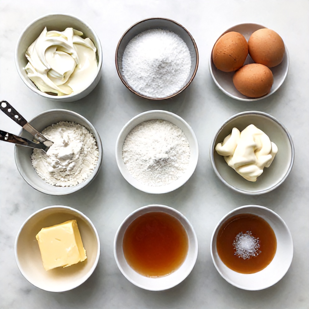 Raw ingredients for Salted Caramel Cheesecake Bars on a white marble surface