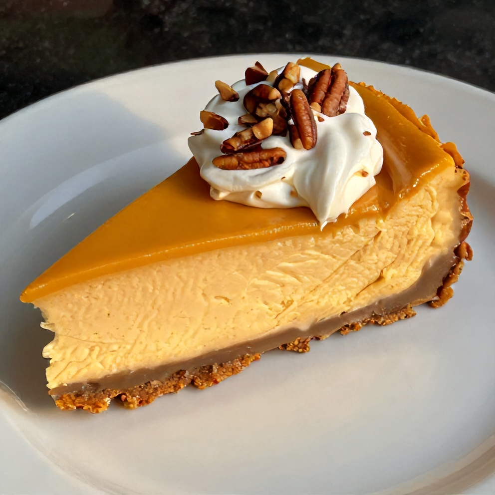 Sliced creamy spiced pumpkin cheesecake on a white plate