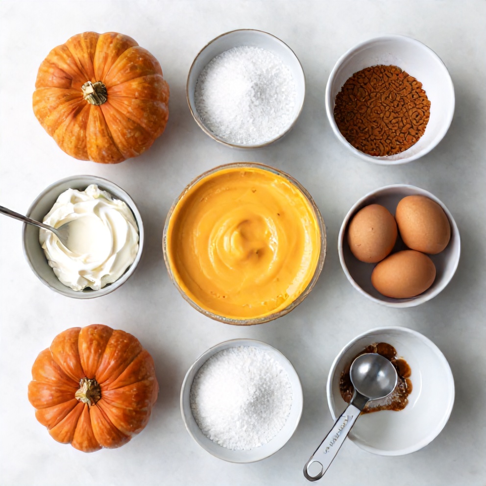 Raw ingredients for creamy spiced pumpkin cheesecake on a white marble surface