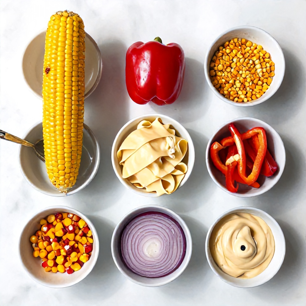 Raw ingredients for Creamy Street Corn Pasta Salad with Chili Butter Sauce