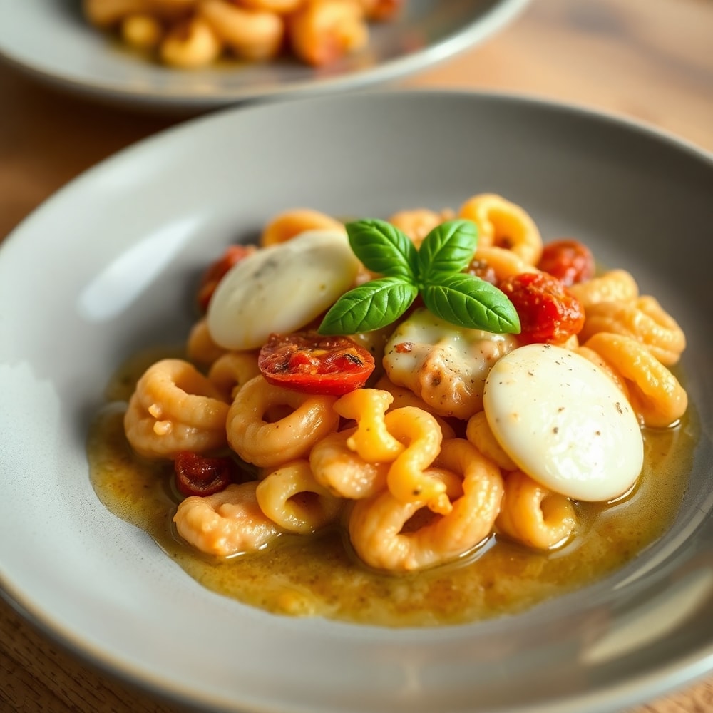 Plated creamy sundried tomato gnocchi with melted mozzarella and fresh basil