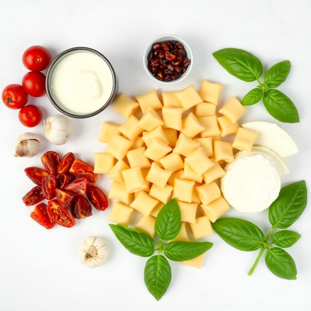 Raw ingredients for creamy sundried tomato gnocchi: gnocchi, sundried tomatoes, garlic, heavy cream, mozzarella, fresh basil