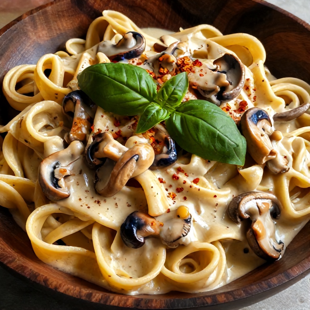 Plated creamy tuscan mushroom pasta skillet