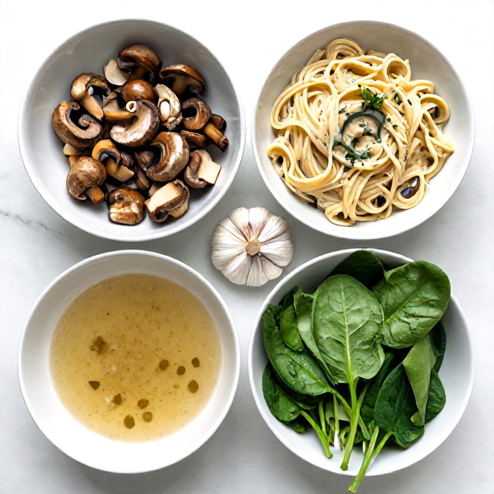 Raw ingredients for creamy tuscan mushroom pasta skillet