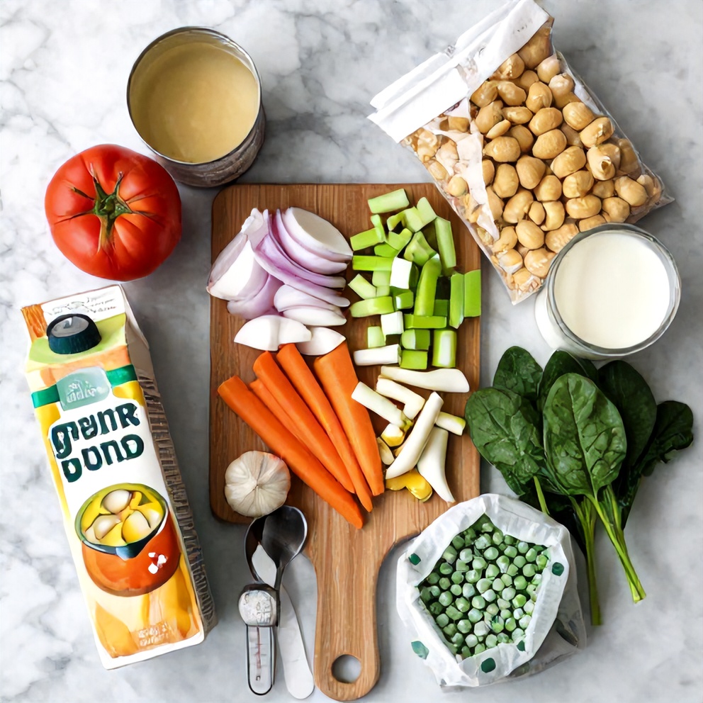 Raw ingredients for Creamy Vegetarian Gnocchi Soup on a marble surface