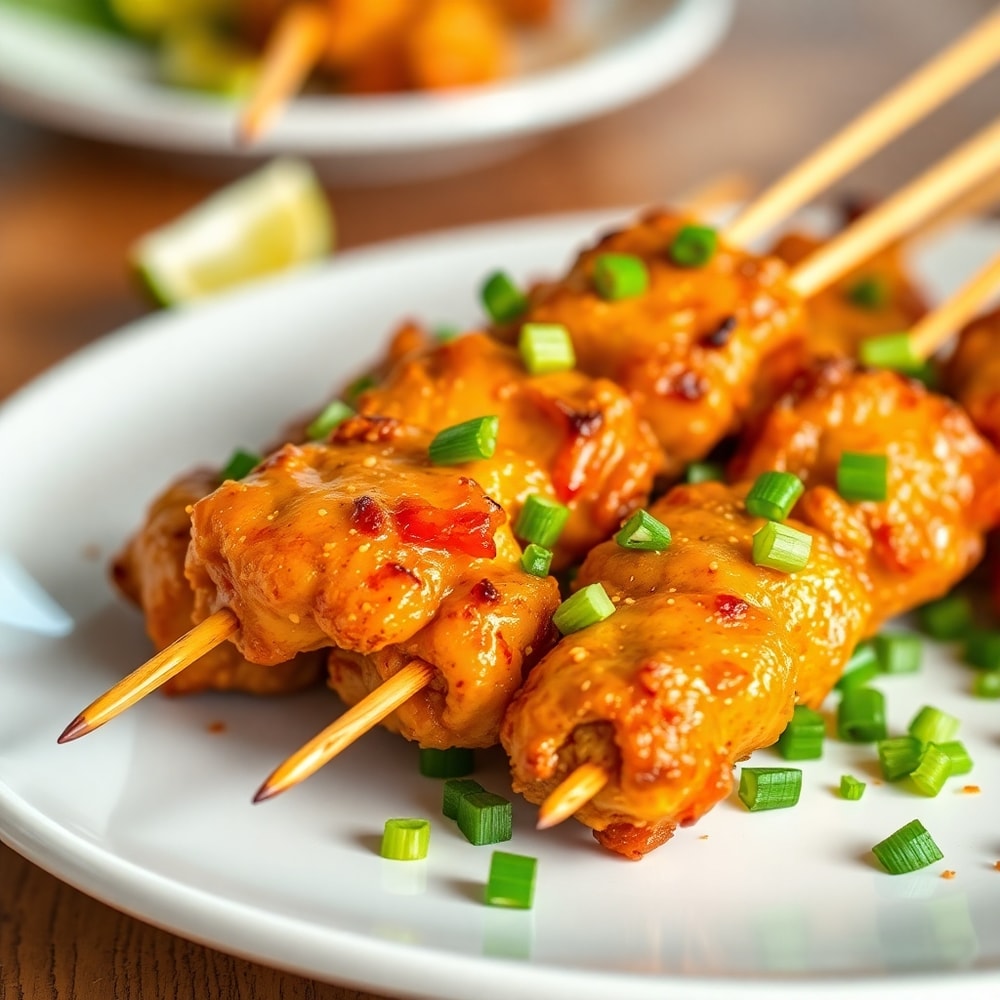 Plated Bang Bang Chicken Skewers with green onions
