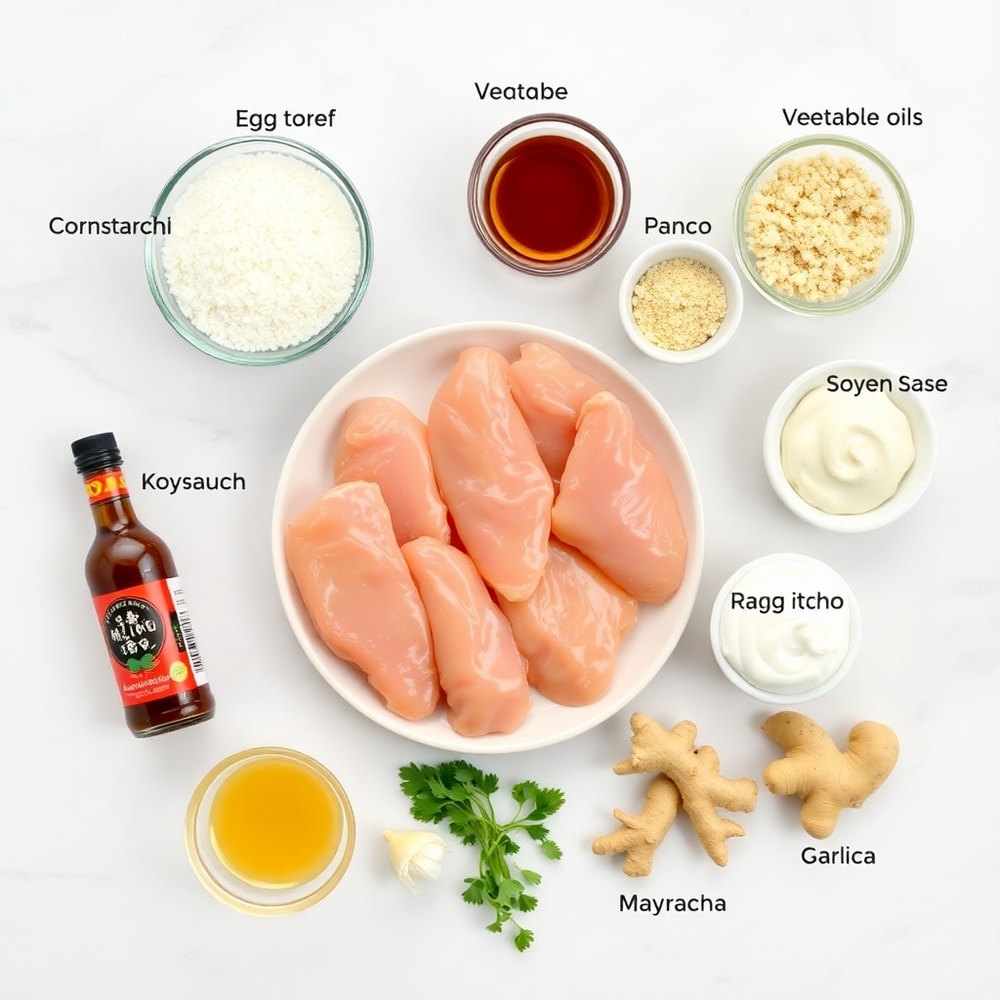 Raw ingredients for Bang Bang Chicken Skewers on a marble surface