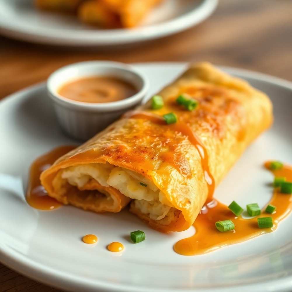 Plated breakfast egg roll with dipping sauce