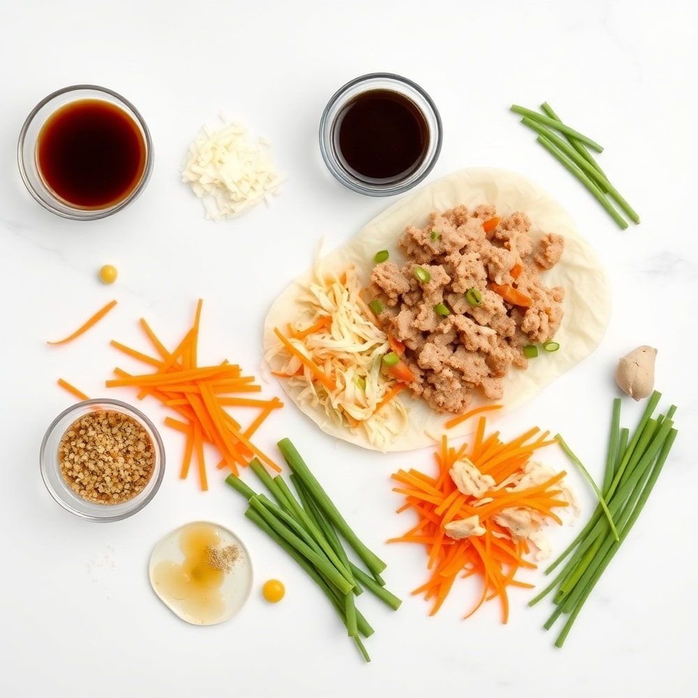 Egg roll wrappers, ground pork, vegetables, and seasonings laid out
