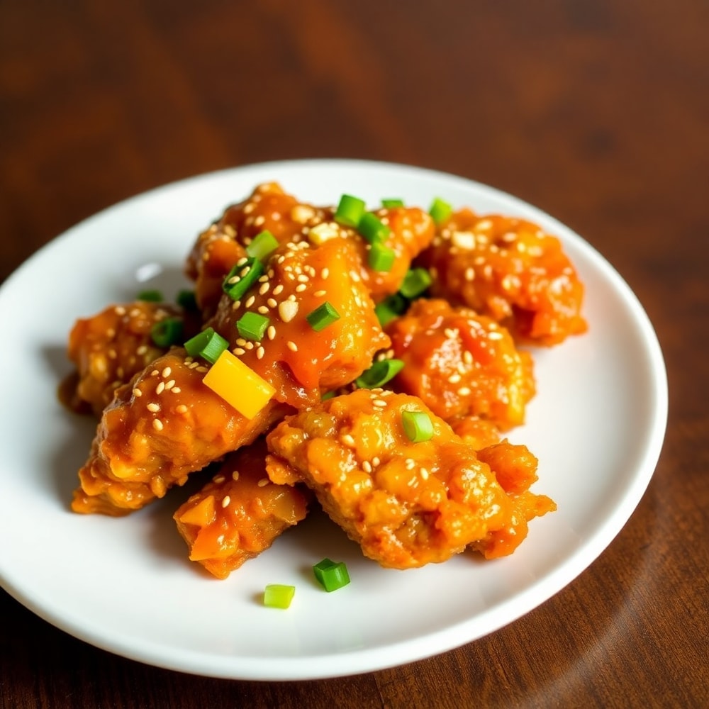Plated serving of Crispy Brown Sugar Pineapple Chicken with green onions