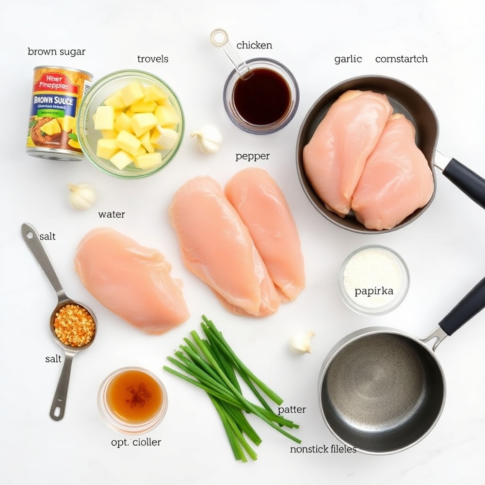 Raw ingredients for Brown Sugar Pineapple Chicken on a marble surface