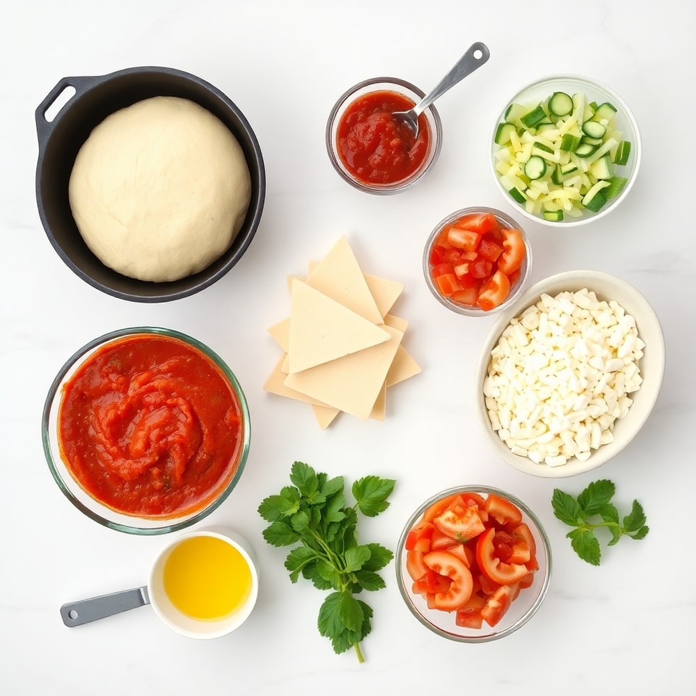 Raw ingredients for Crispy Cast Iron Skillet Pizza arranged in a flat lay