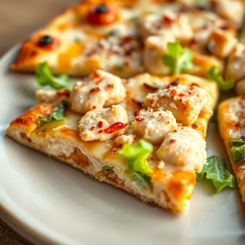 A slice of Chicken Caesar Salad Pizza on a plate