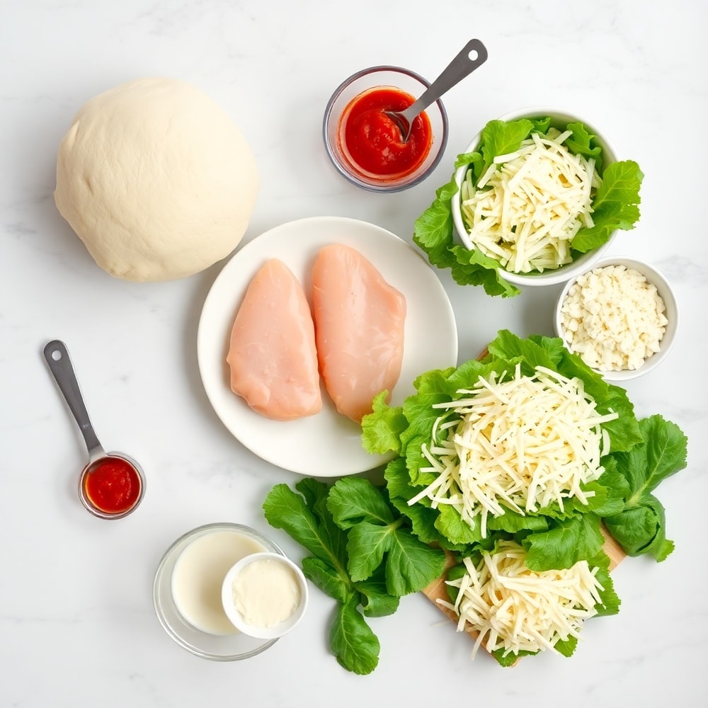 Raw ingredients for Chicken Caesar Salad Pizza on a marble counter