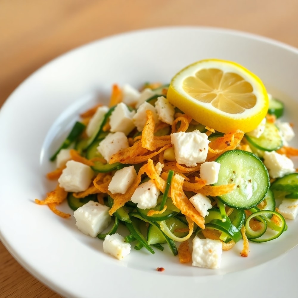 Plated Cucumber Feta Salad with a lemon wedge