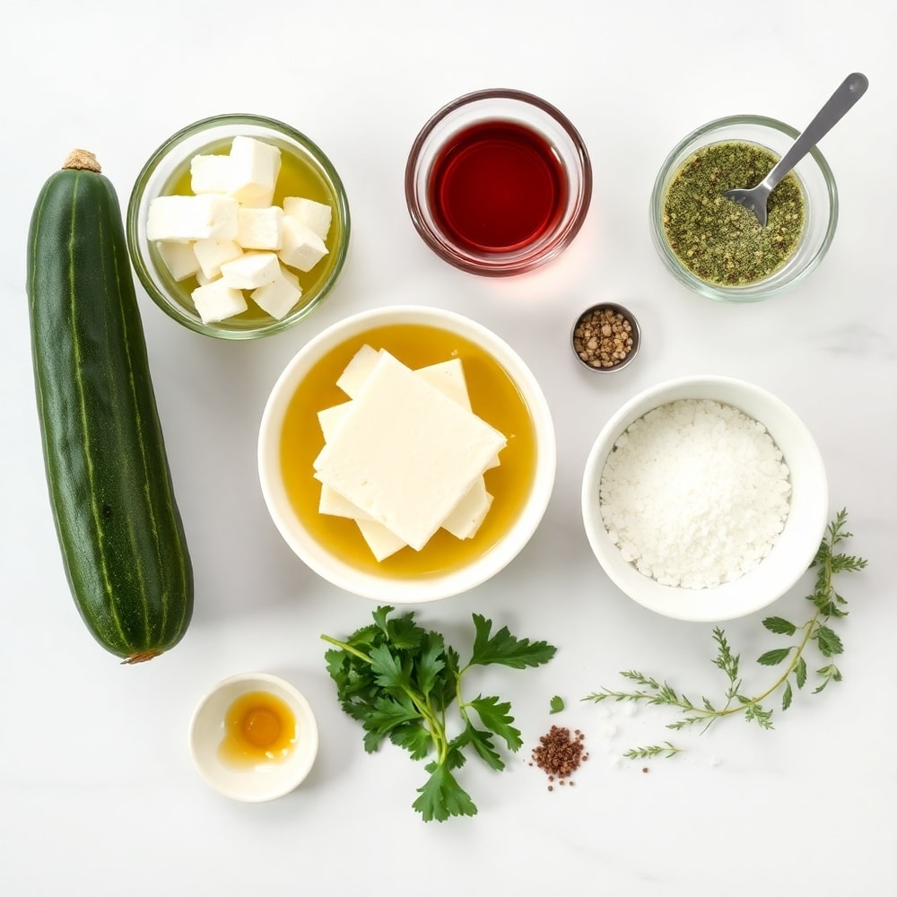 Raw ingredients for Cucumber Feta Salad on a marble surface