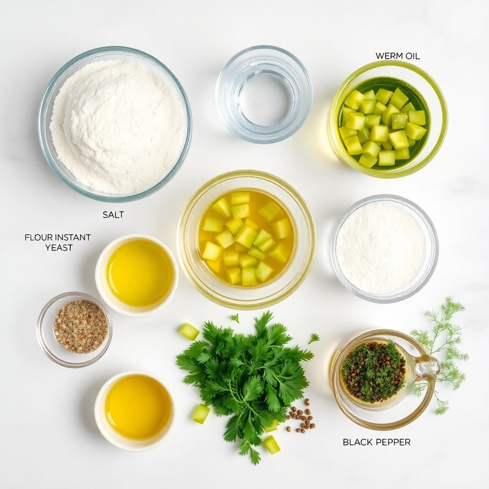 Raw ingredients for Dill Pickle Bread on a marble surface