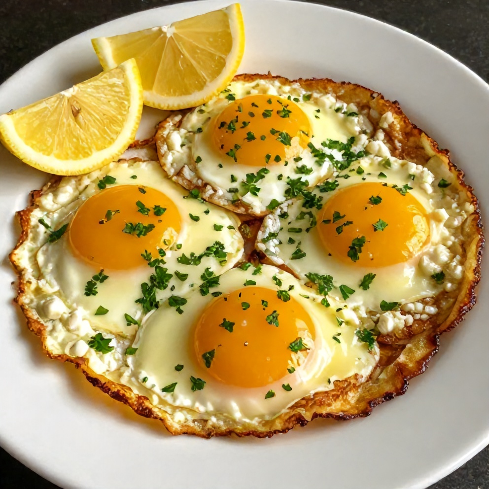 Crispy Feta Fried Eggs plated with garnish