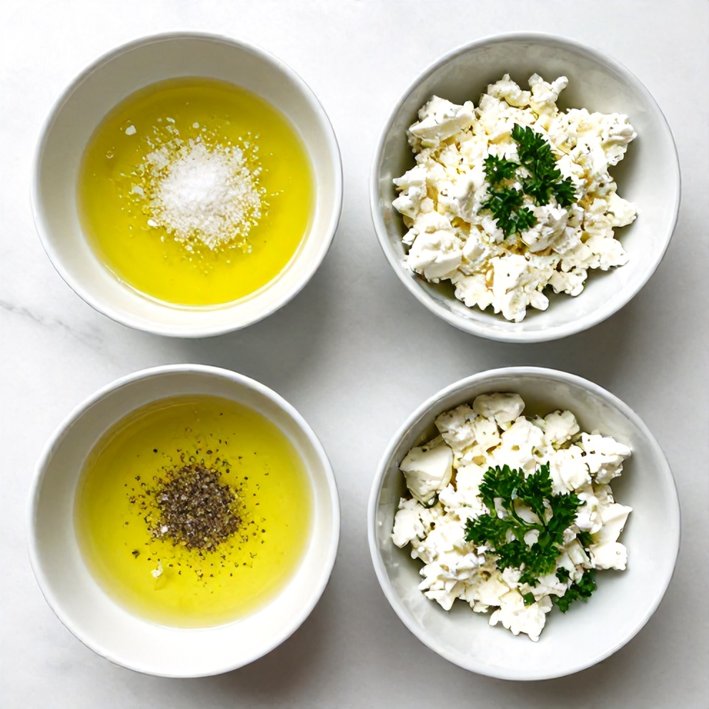 Raw ingredients for Crispy Feta Fried Eggs