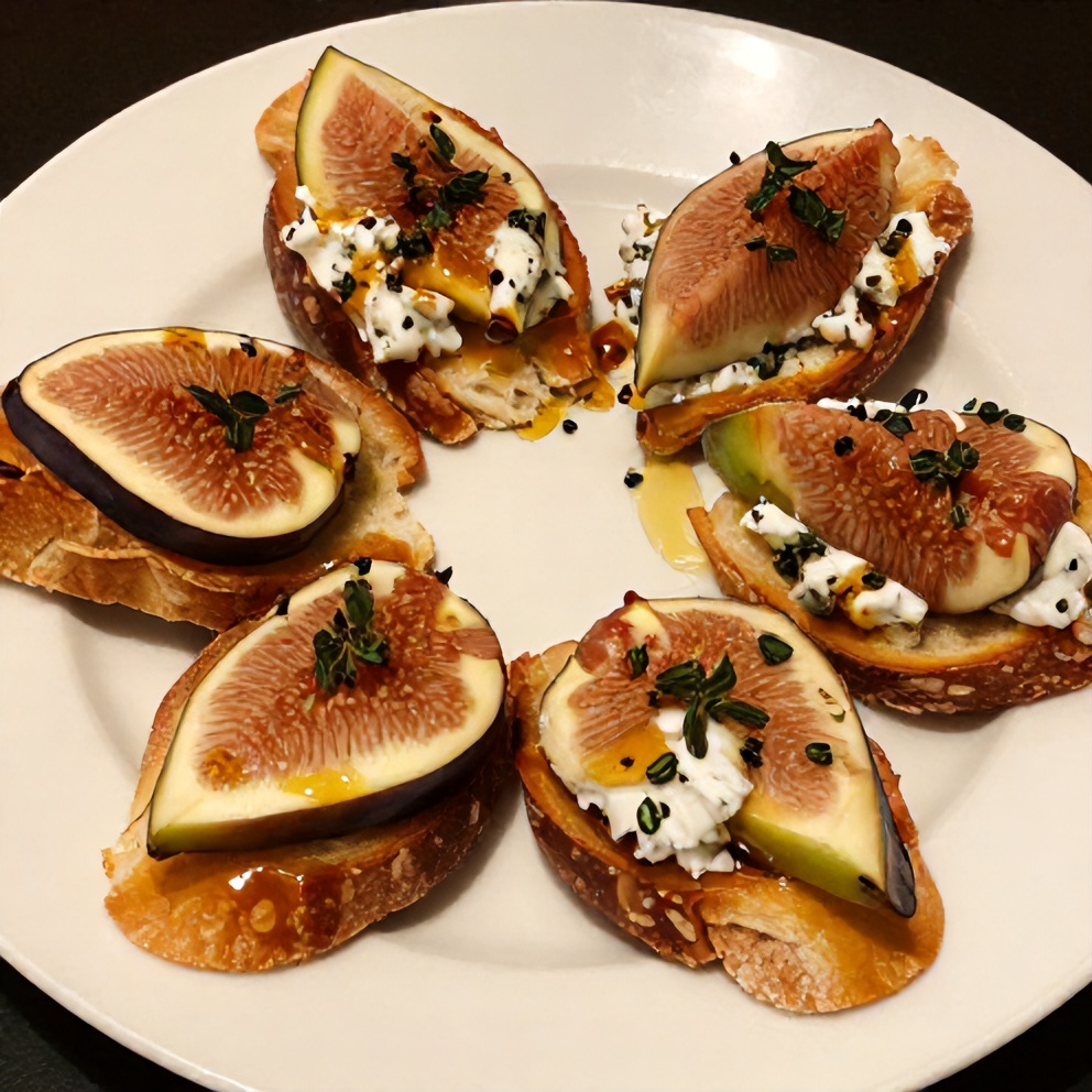 Plated fig and goat cheese crostini with honey and candied walnuts