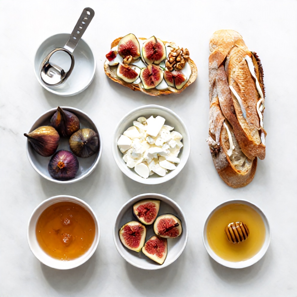 Raw ingredients for fig and goat cheese crostini