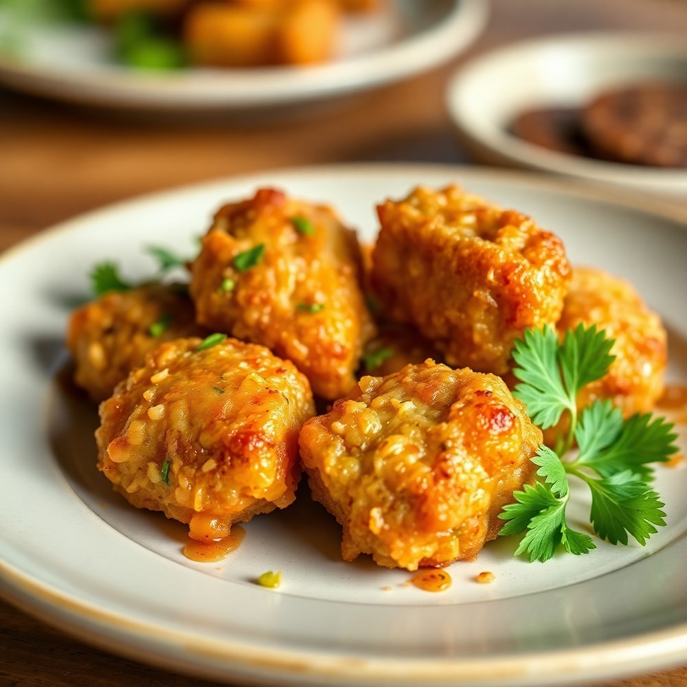 Plated Crispy Garlic Pork Bites with fresh parsley garnish