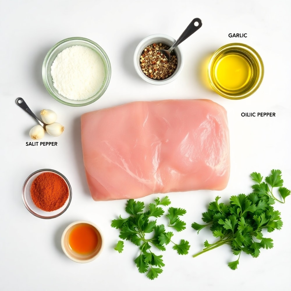 Raw ingredients for Crispy Garlic Pork Bites including pork tenderloin, garlic, and seasonings