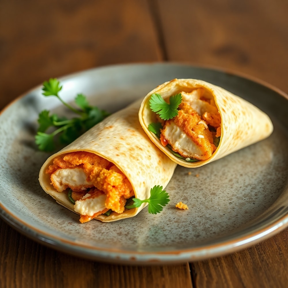 Plated chicken Caesar wrap with Caesar dressing drizzle