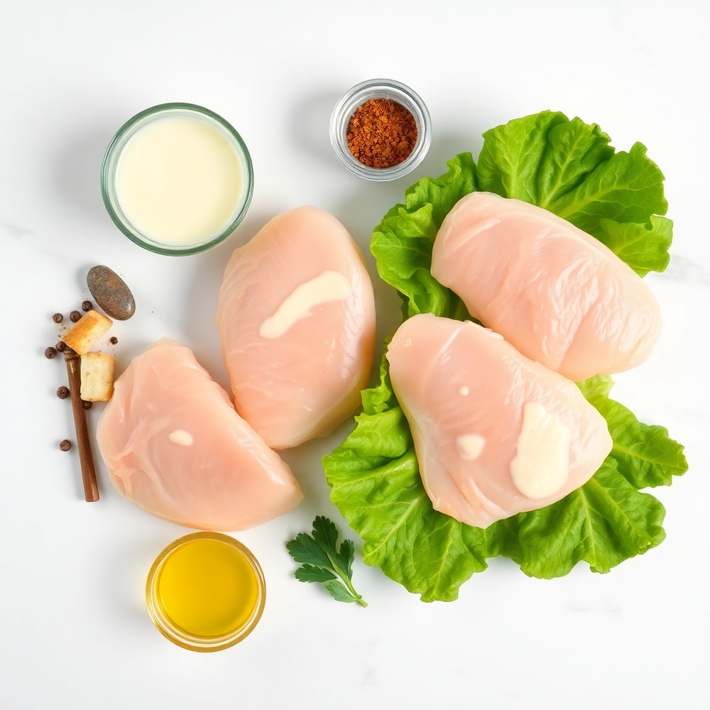 Raw ingredients for chicken Caesar wraps: chicken, romaine, Caesar dressing, croutons, Parmesan cheese