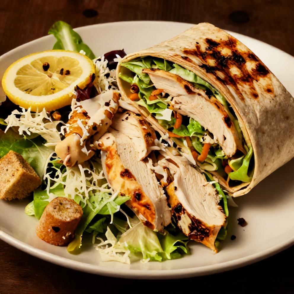 Plated crispy grilled lemon herb chicken caesar wrap