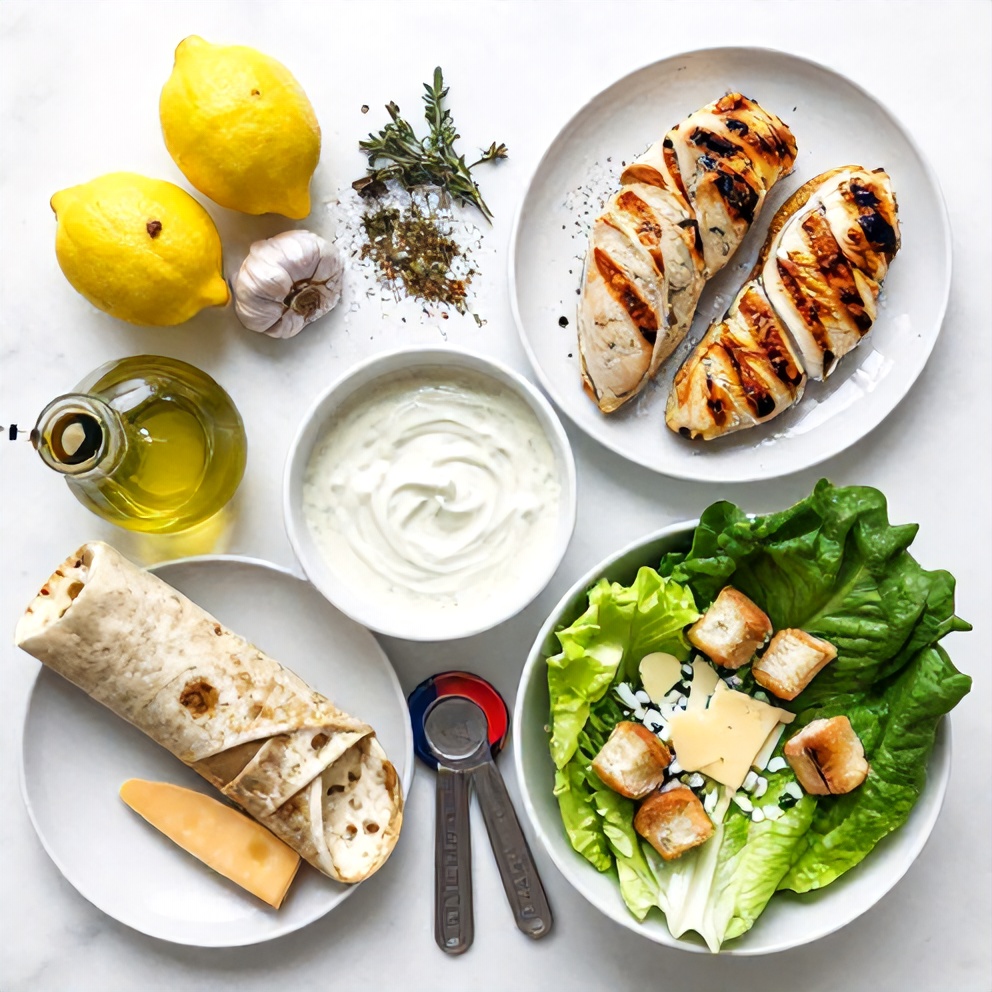 Raw ingredients for crispy grilled lemon herb chicken caesar wraps