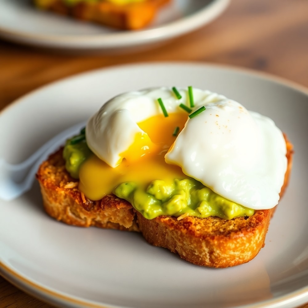 Plated hash brown avocado toast with a poached egg