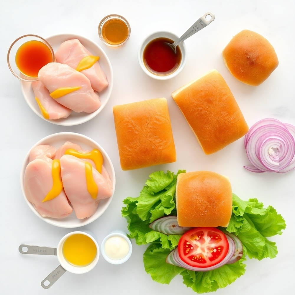 Raw ingredients for Honey Mustard BLT Chicken Sliders on marble surface