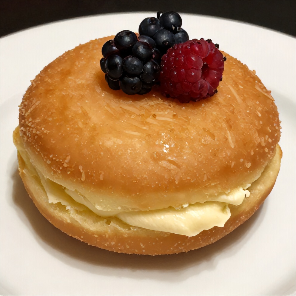 Plated Italian cream-filled donut with powdered sugar and a berry on top