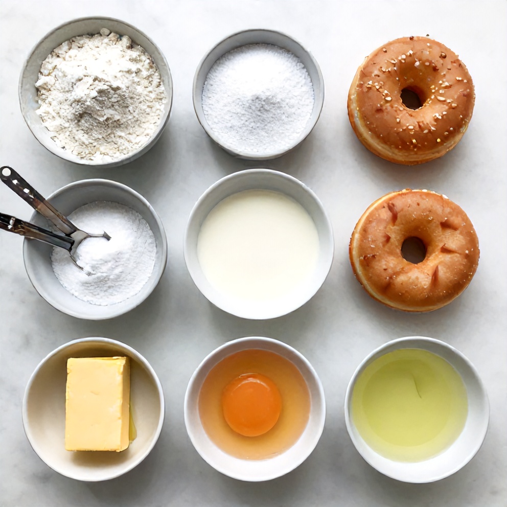 Raw ingredients for Italian cream-filled donuts on a marble surface