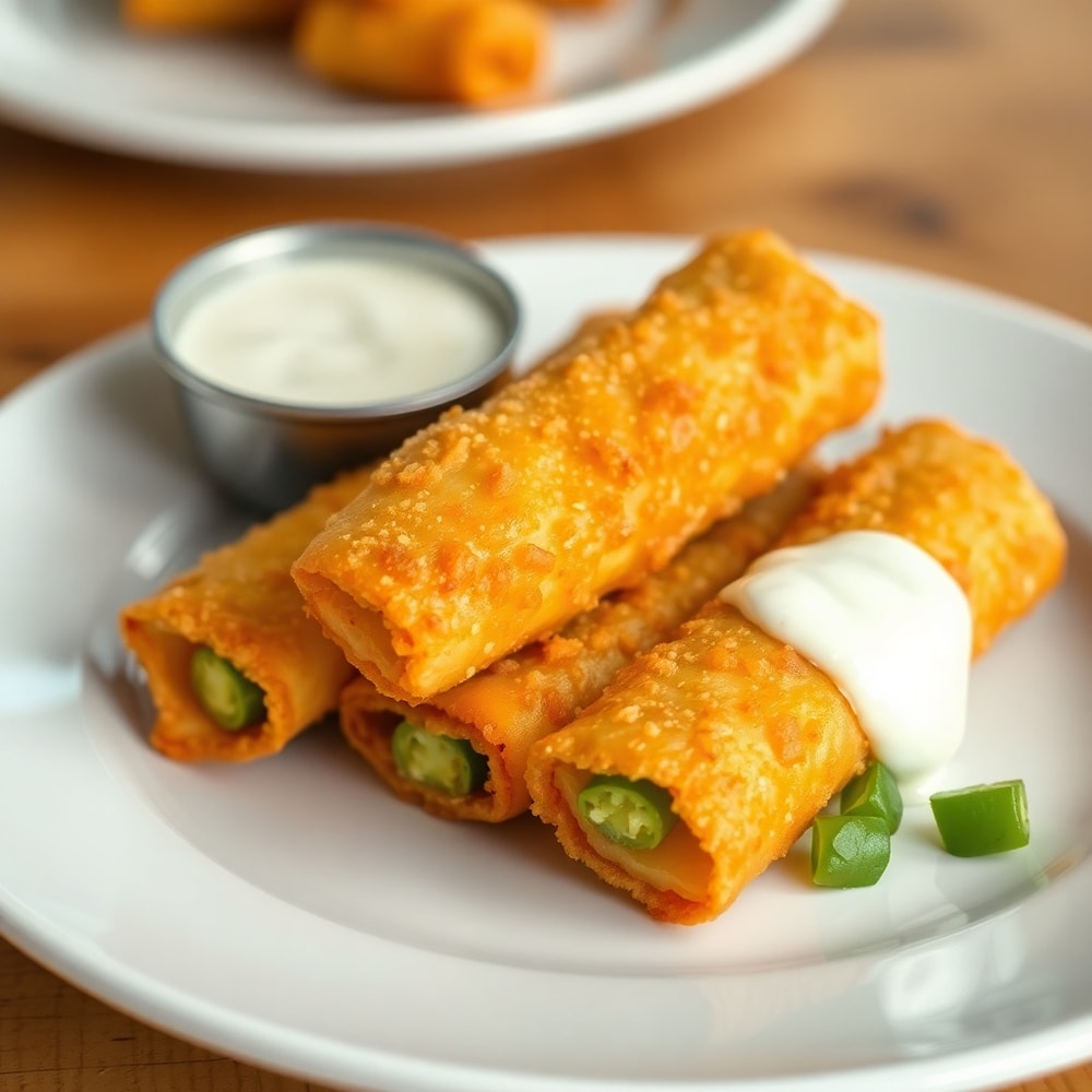 Plated Jalapeño Popper Egg Rolls on a white plate