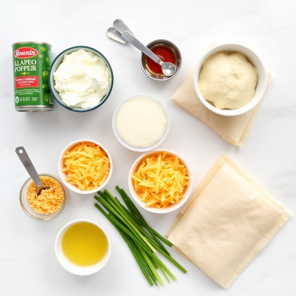 Raw ingredients for Jalapeño Popper Egg Rolls on a white marble surface