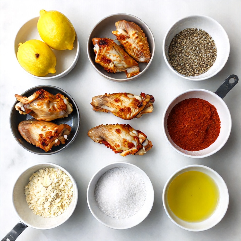 Raw ingredients for Crispy Lemon Pepper Wings on a white marble surface