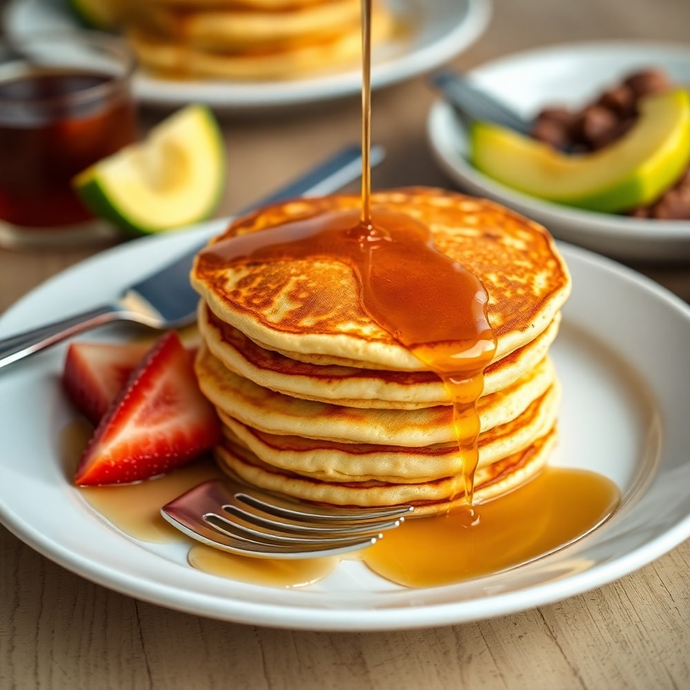 Stack of Crispy Lion Pancakes with syrup and a side of fresh fruit