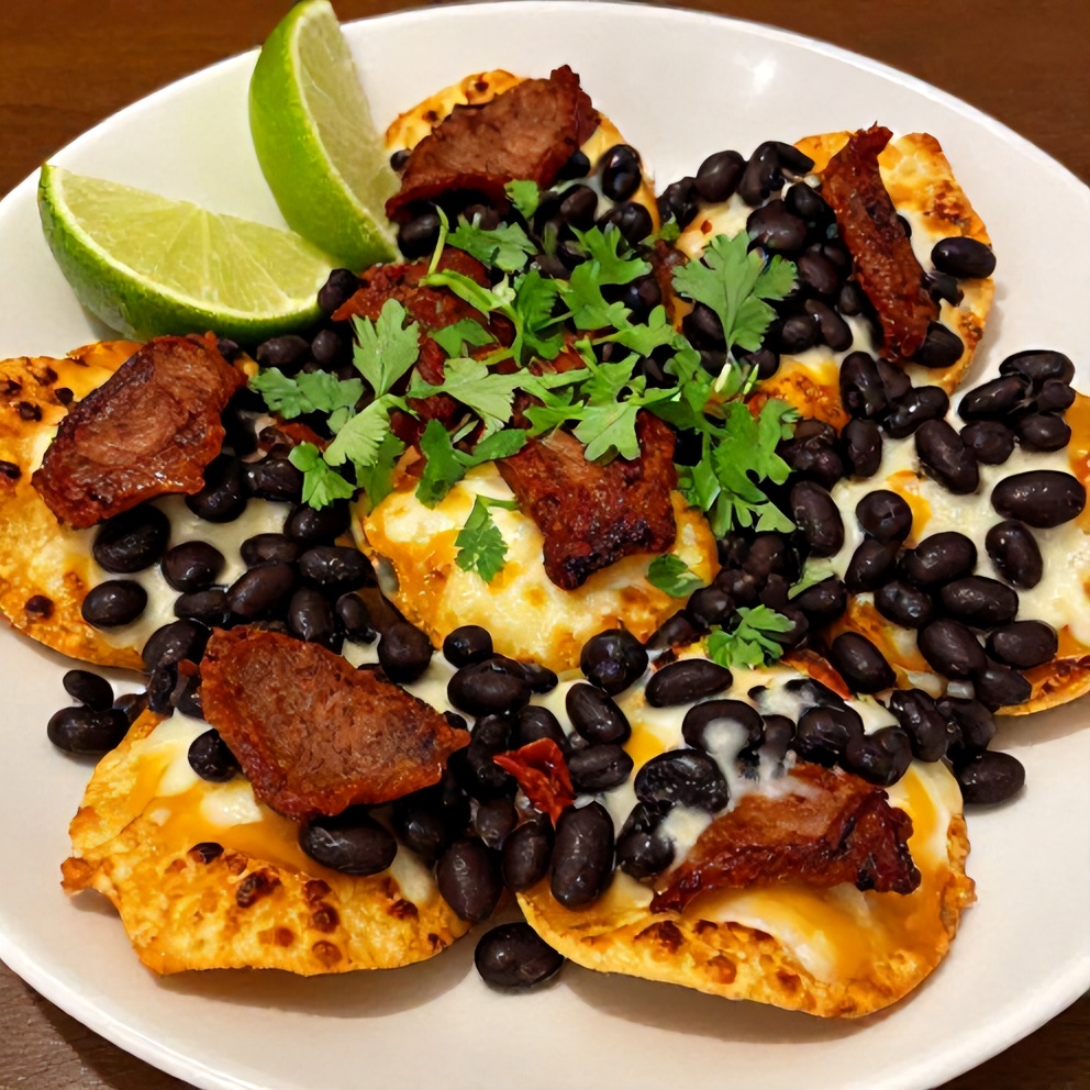 Plated serving of Crispy Mexican Tortilla Bites with Black Beans and Chorizo