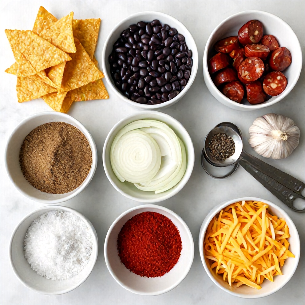 Raw ingredients for Crispy Mexican Tortilla Bites with Black Beans and Chorizo