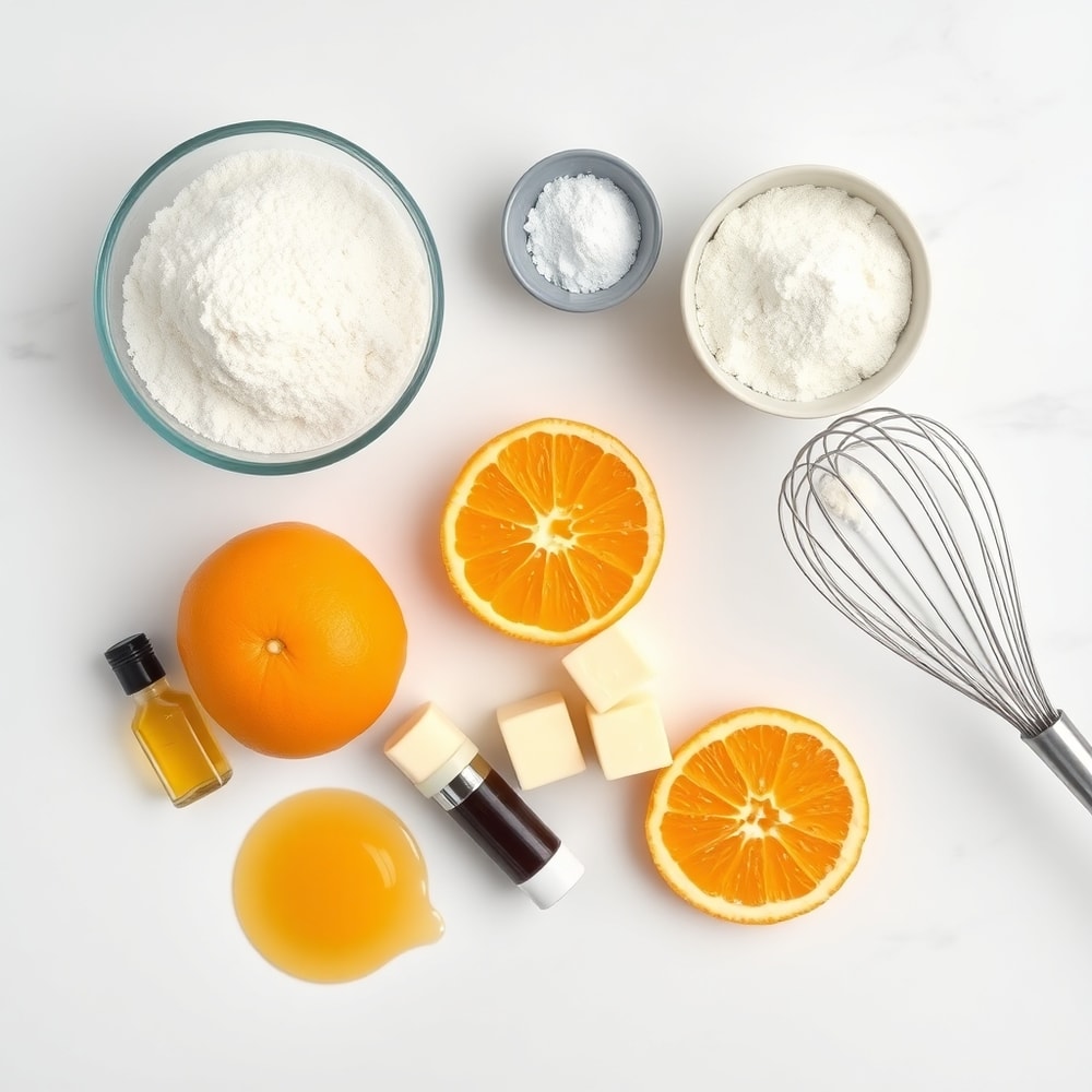 Raw ingredients for orange scone cookies on a marble surface