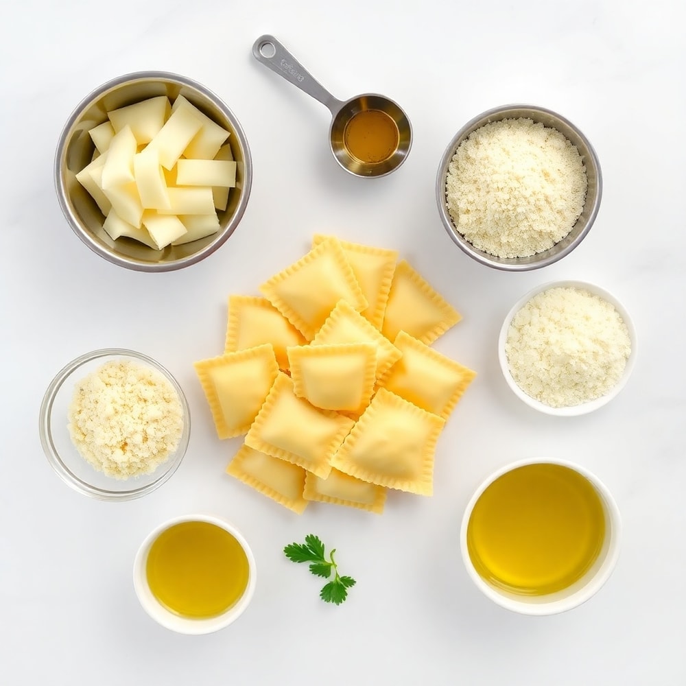 Ravioli appetizer ingredients: cheese ravioli, breadcrumbs, parmesan, garlic, olive oil