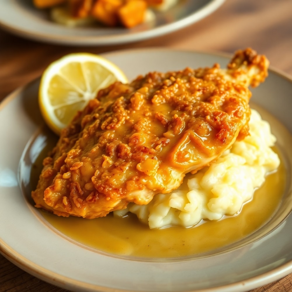 Plated Crispy Smothered Chicken with a lemon wedge