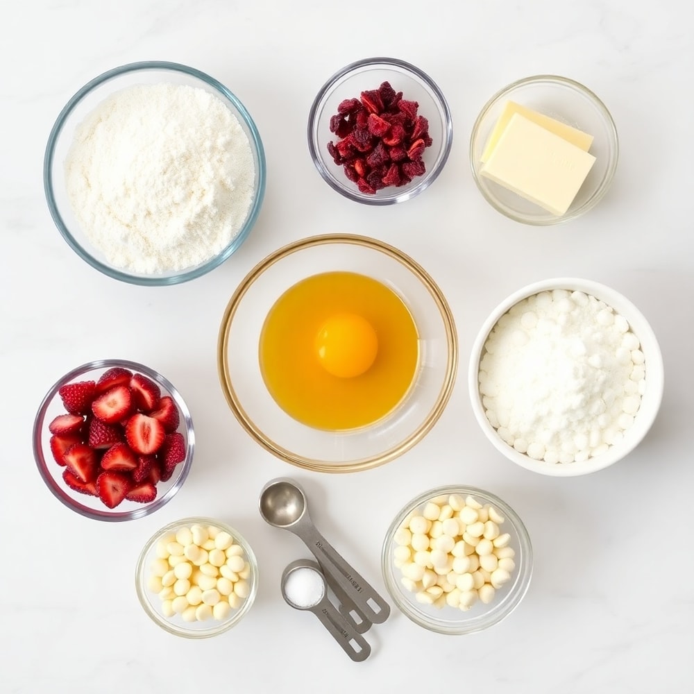 Raw ingredients for Strawberry Crunch Cookies on a white marble surface