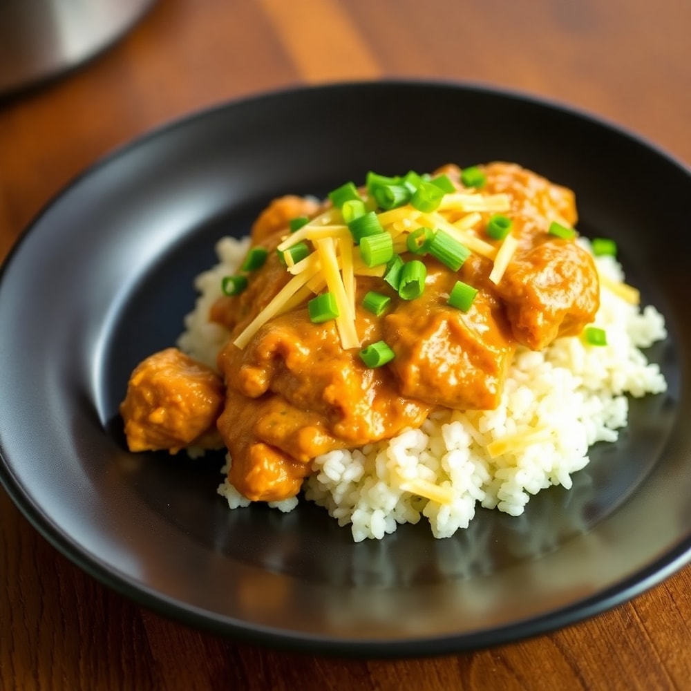 Plated serving of Crockpot Cajun Butter Chicken with a side of Oatmeal Molasses Rolls
