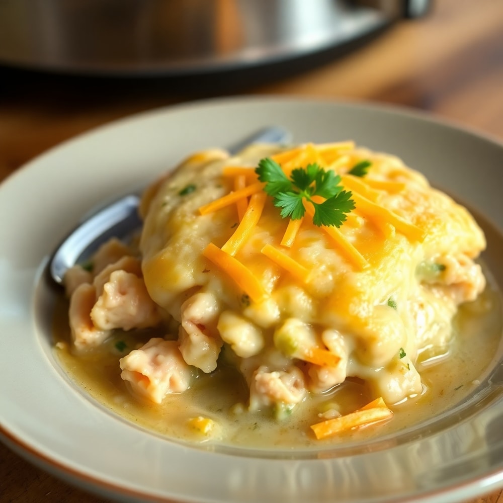 A perfect serving of Crockpot Chicken Pot Pie on a dinner plate